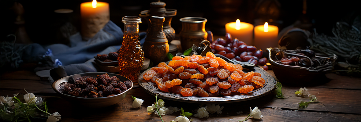 Dates and dry fruits served on an iftar table during Ramadan fasting