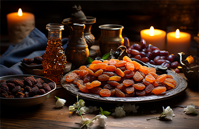 Dates and dry fruits served on an iftar table during Ramadan fasting